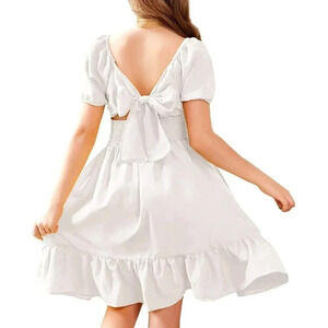 Girls Tie Back Short Sleeve Ruffle Hem Off Shoulder Casual Elegant  Dresses